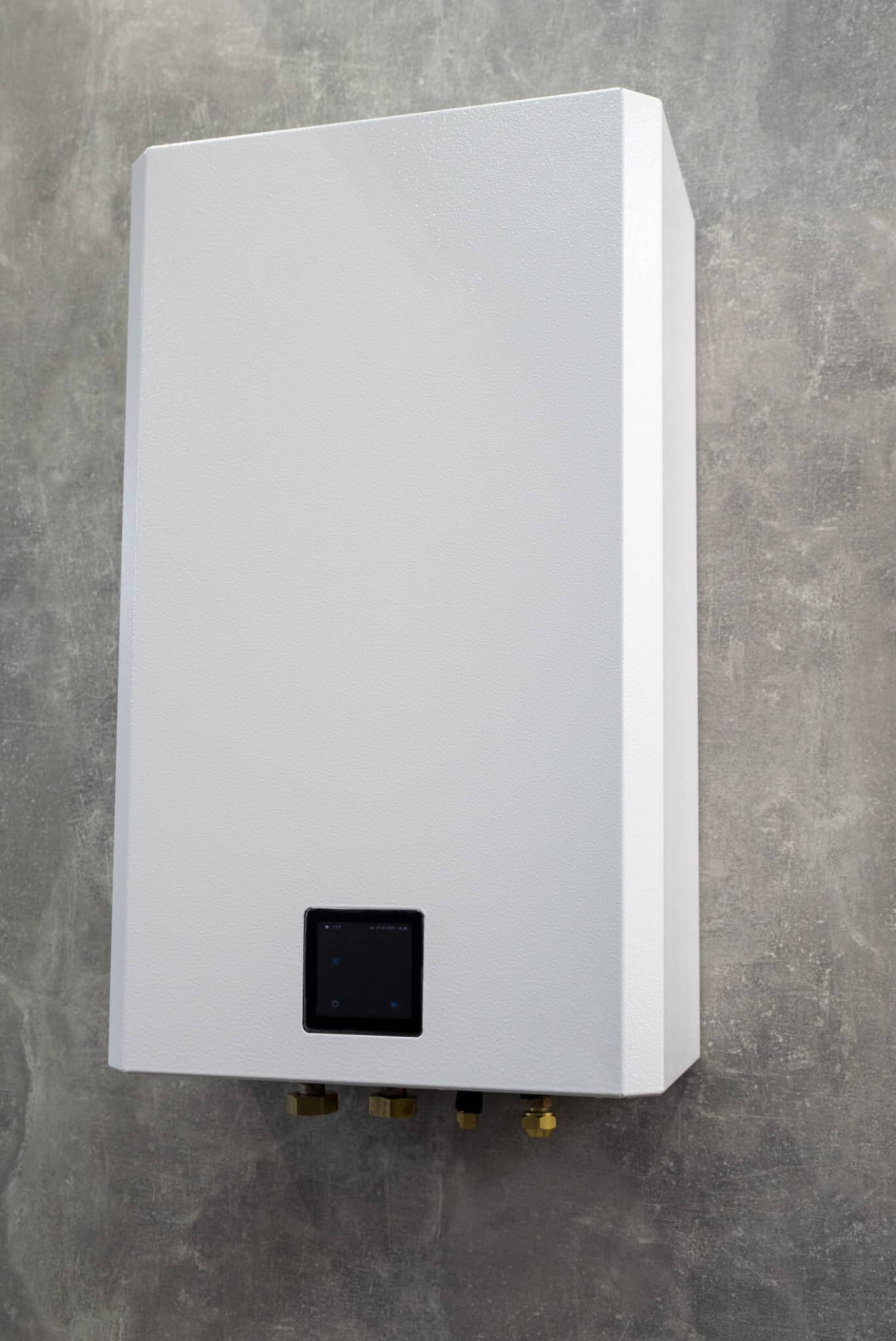Modern gas water heater mounted on house wall, Water heater replacement.