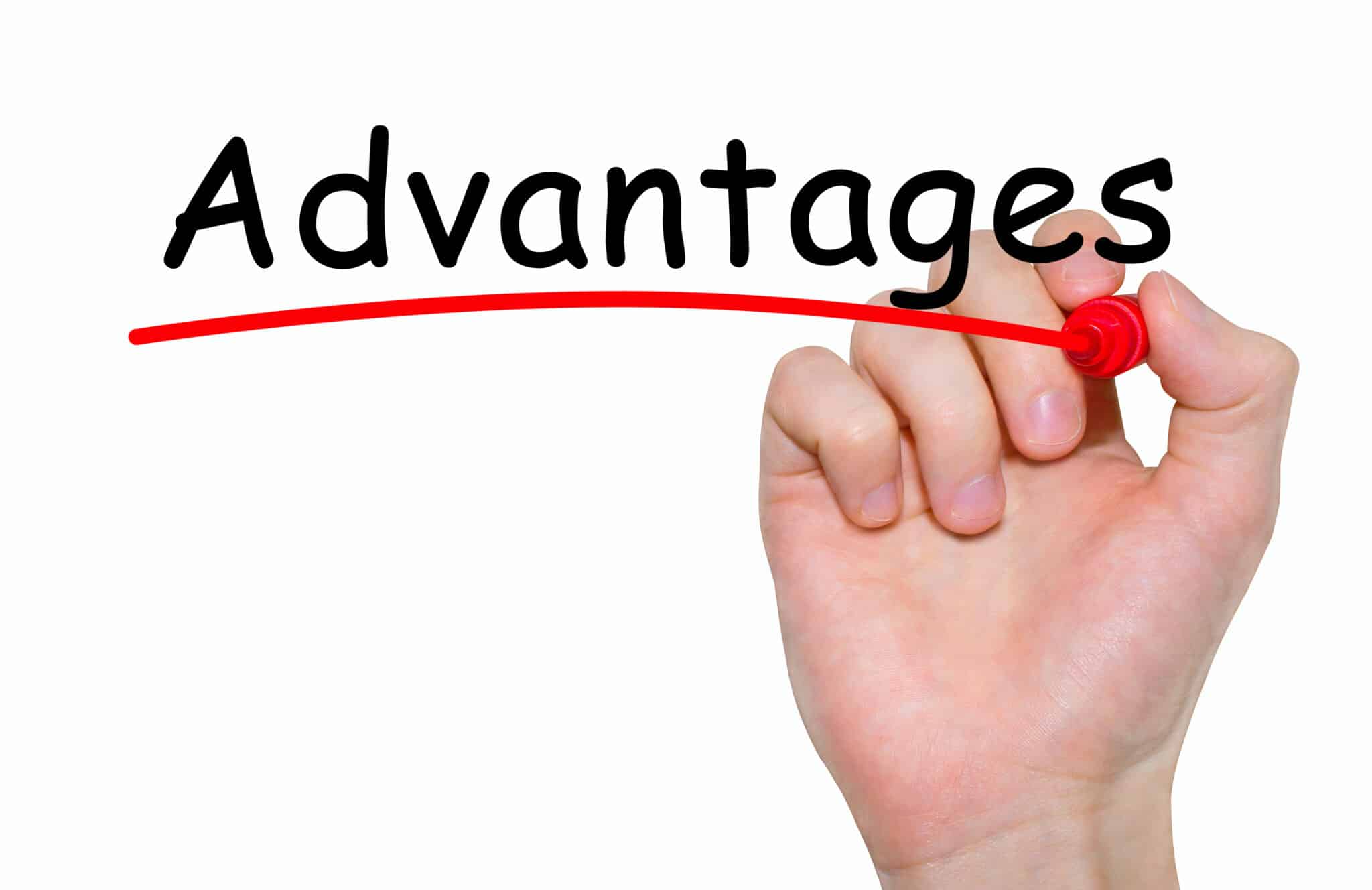 Hand writing inscription Advantages with marker, concept, Metal fabrication.